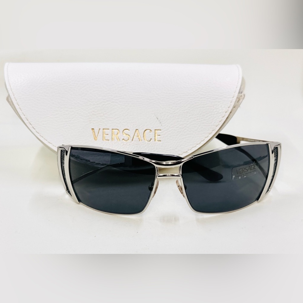Vintage Versace Mod 2059-B Silver & Dark Grey Lenses Sunglasses W/Case NEW